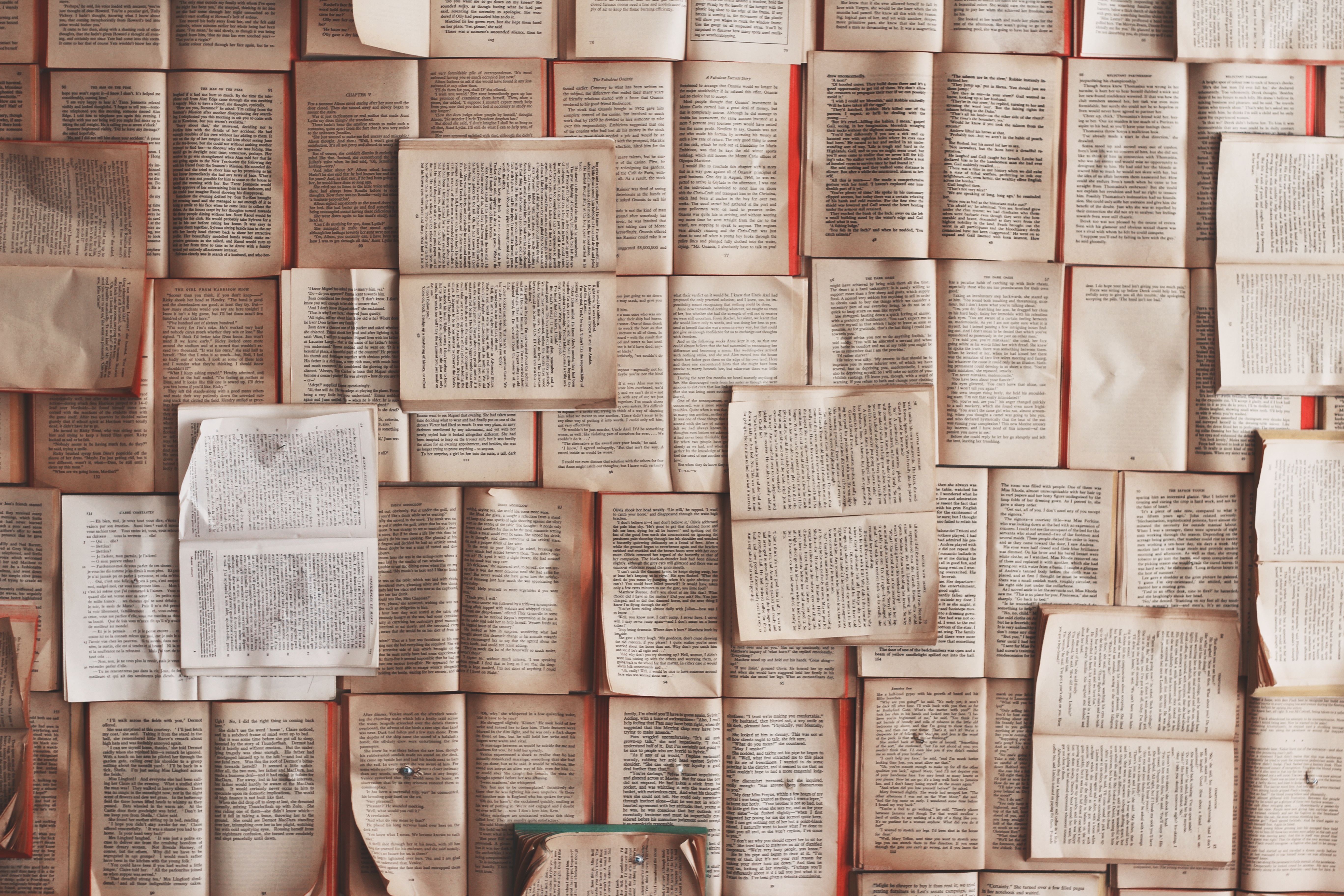 Open books pinned to a wall.